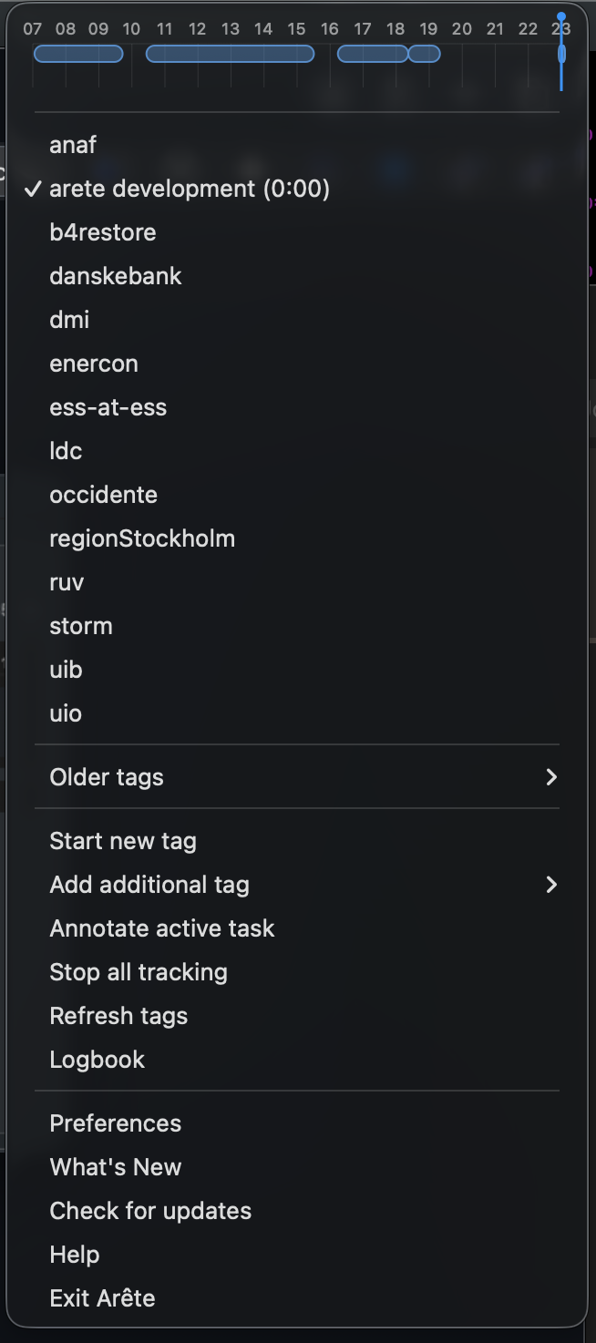 Arête menu screenshot